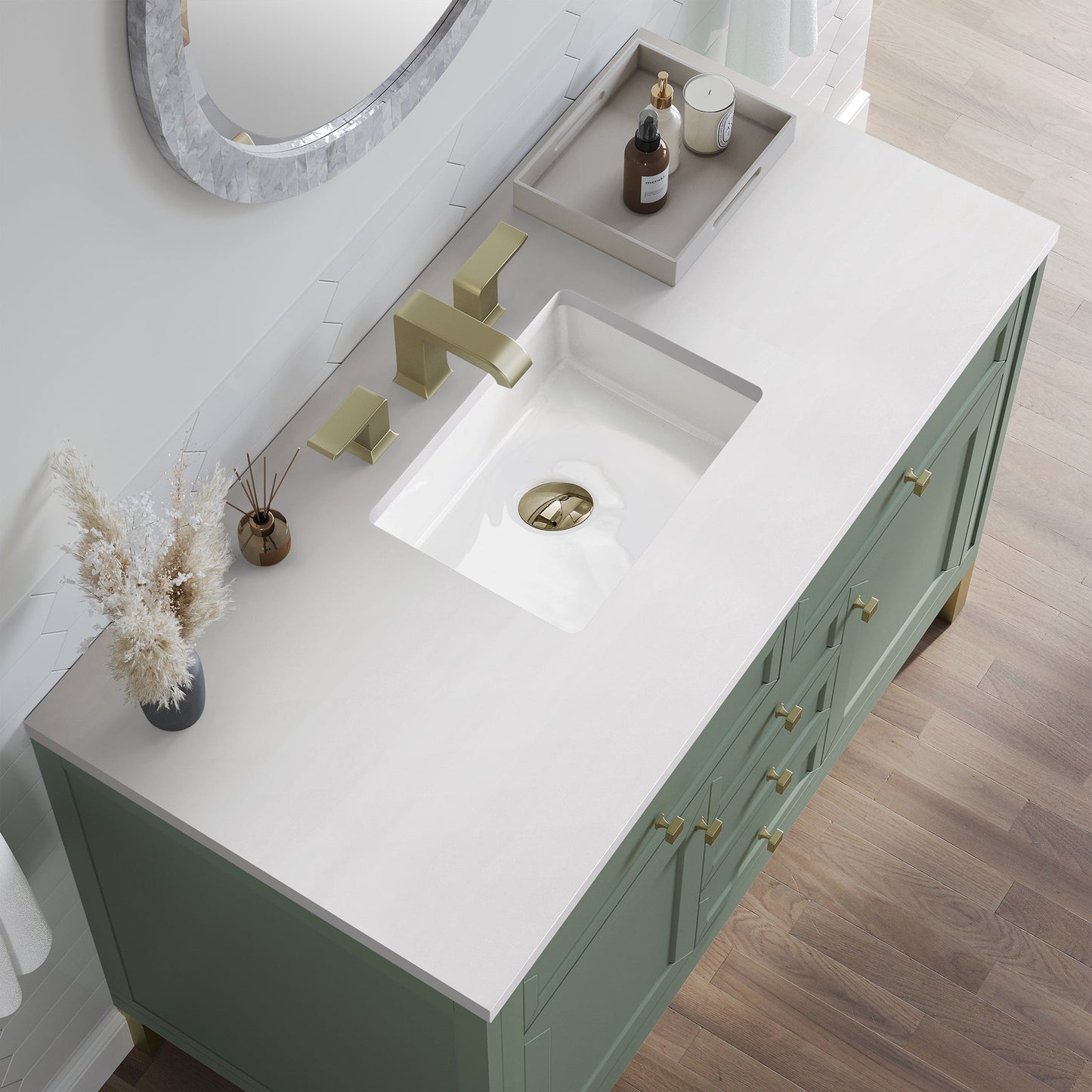 
                  
                    Chicago 48" Single Bathroom Vanity in Smokey Celadon Single Bathroom Vanity James Martin Vanities White Zeus Silestone 
                  
                