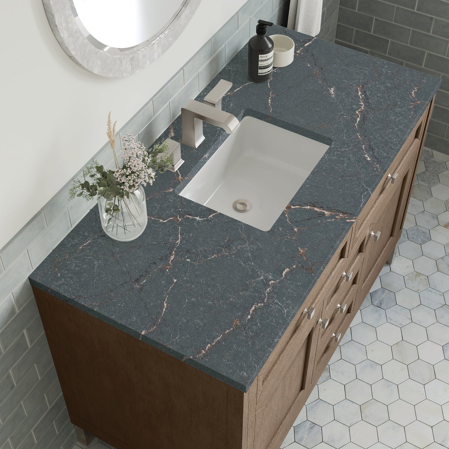 
                  
                    Chicago 48" Single Bathroom Vanity in Whitewashed Walnut Single Bathroom Vanity James Martin Vanities Parisien Bleu Silestone 
                  
                