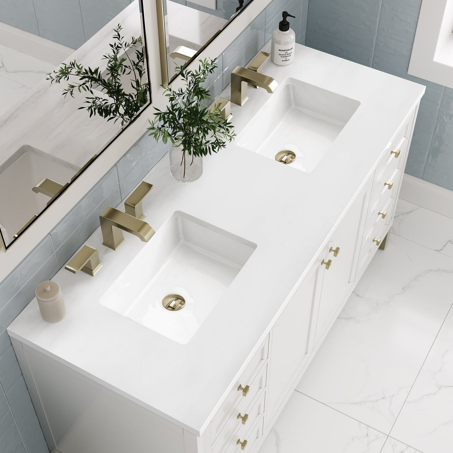 
                  
                    Chicago 60" Double Bathroom Vanity in Glossy White Double bathroom Vanity James Martin Vanities White Zeus Silestone 
                  
                