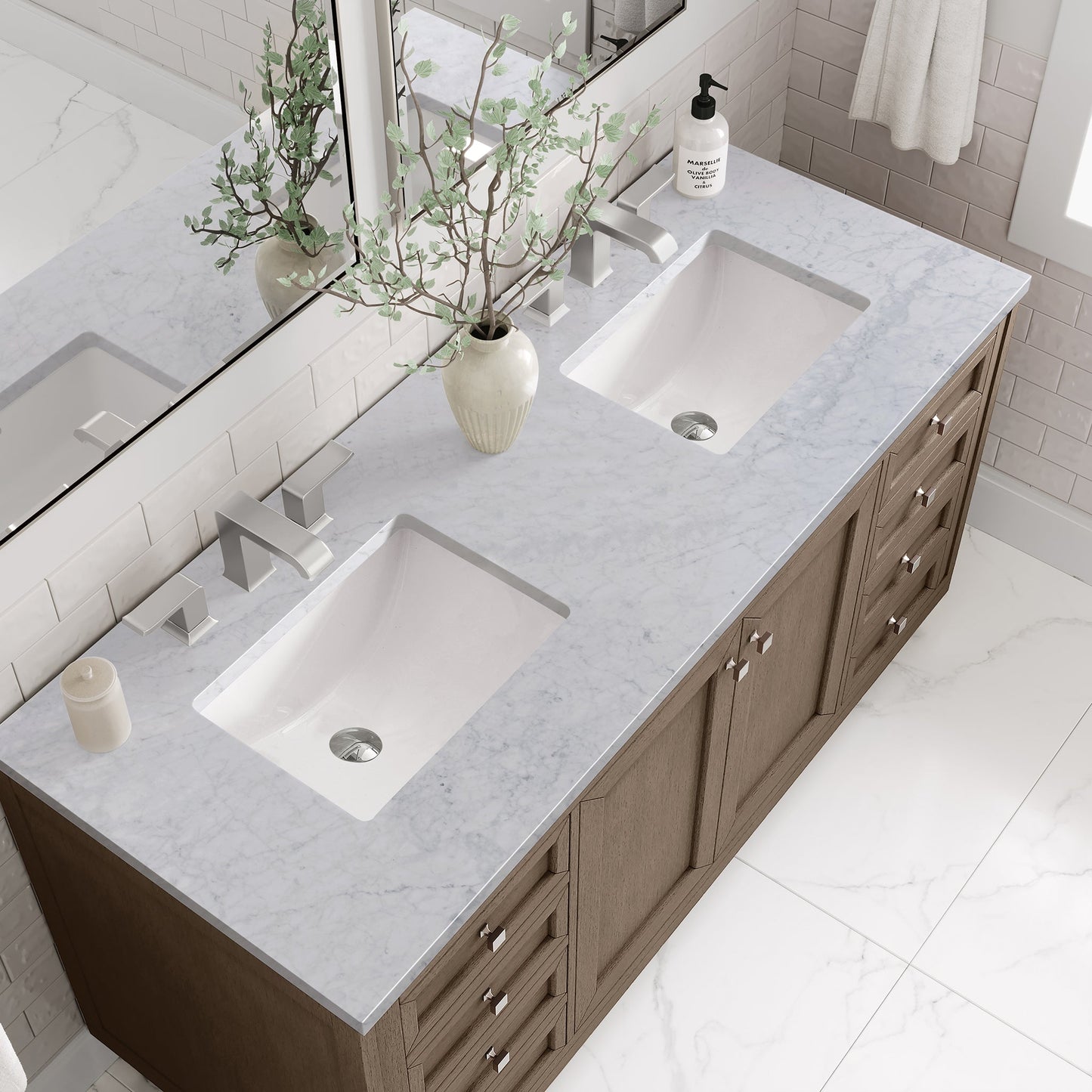 
                  
                    Chicago 60" Double Bathroom Vanity in Whitewashed Walnut Double bathroom Vanity James Martin Vanities Carrara White Marble 
                  
                