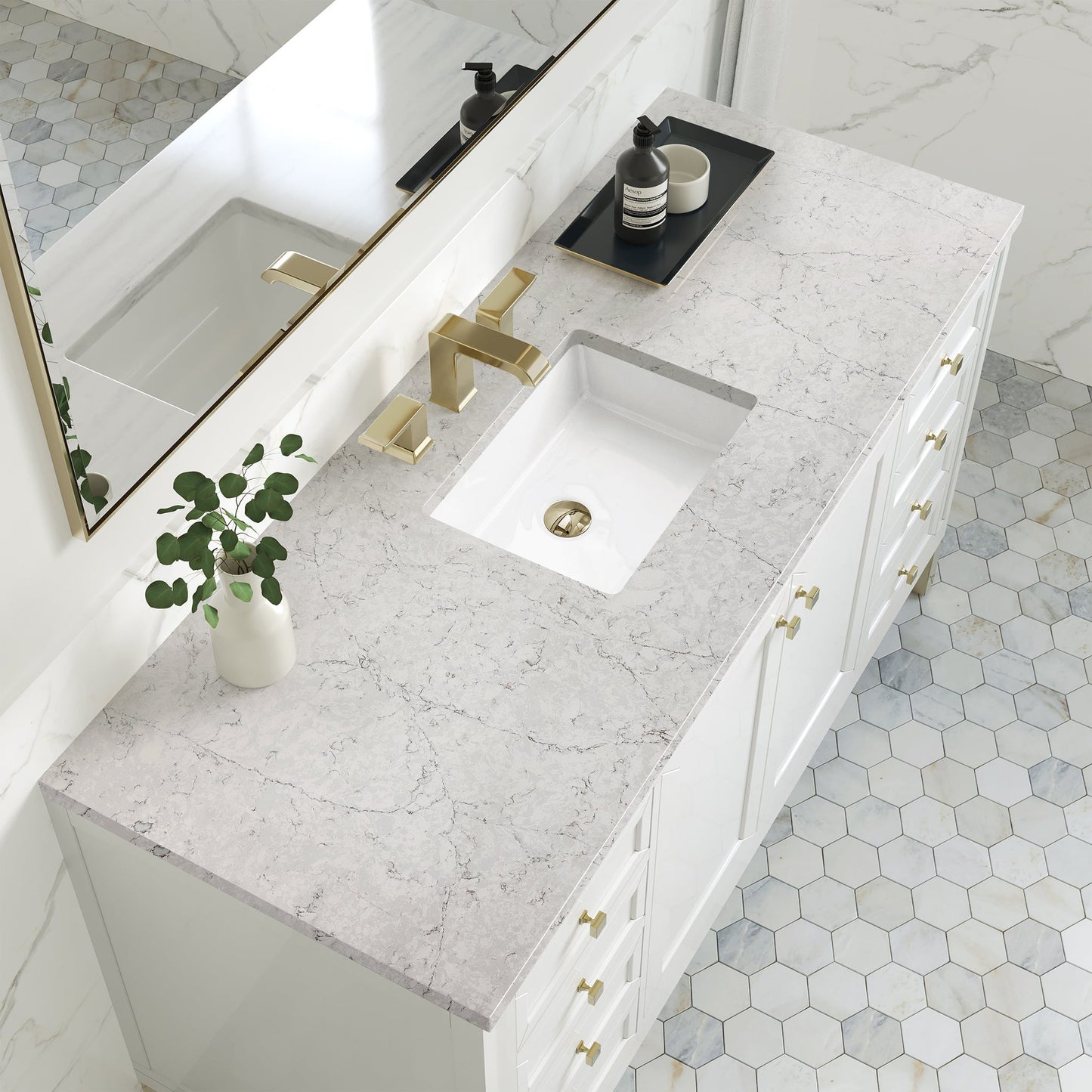 
                  
                    Chicago 60" Single Bathroom Vanity in Glossy White Single Bathroom Vanity James Martin Vanities Eternal Jasmine Pearl Silestone 
                  
                