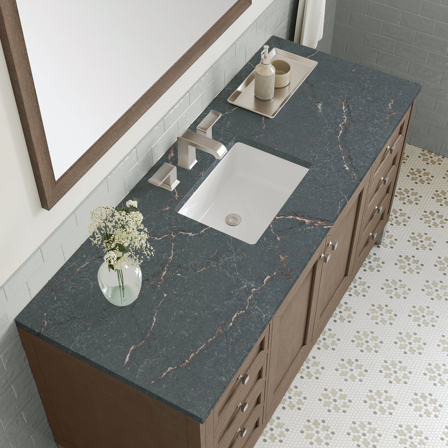 
                  
                    Chicago 60" Single Bathroom Vanity in Whitewashed Walnut Single Bathroom Vanity James Martin Vanities Parisien Bleu Silestone 
                  
                