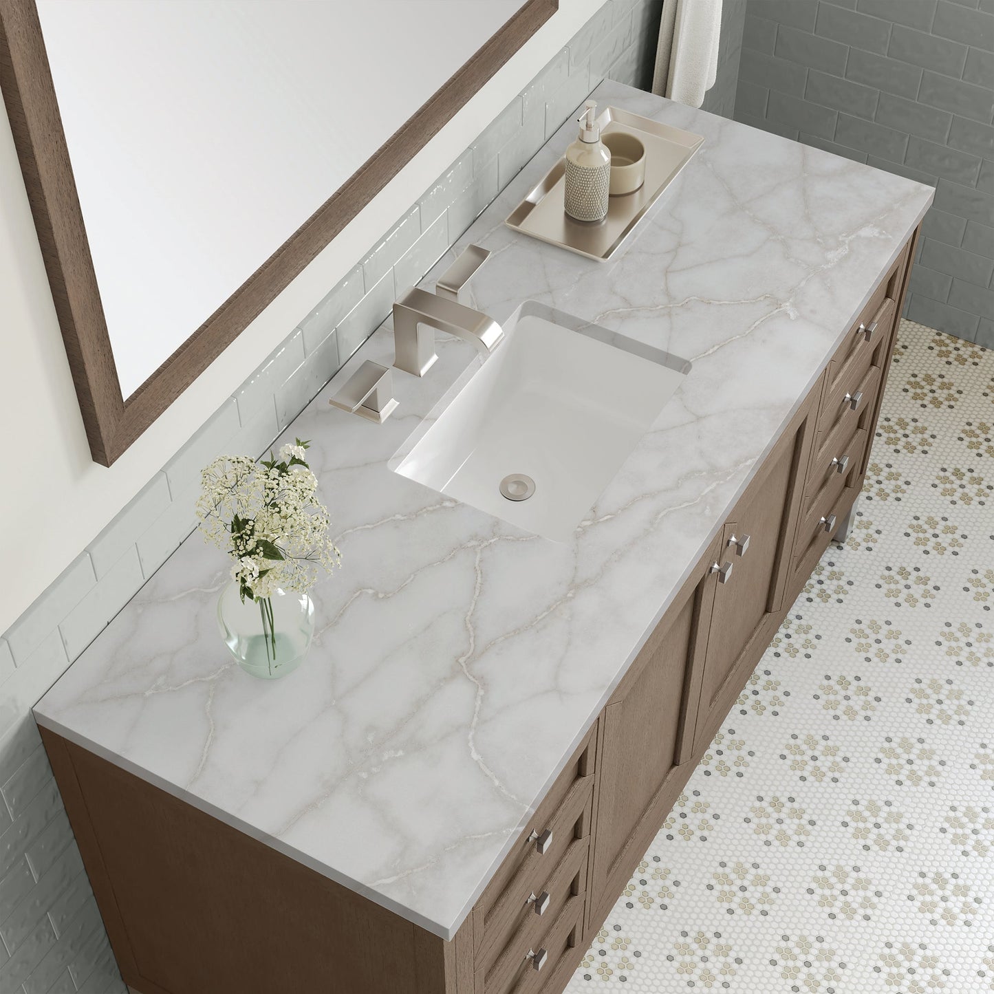 
                  
                    Chicago 60" Single Bathroom Vanity in Whitewashed Walnut Single Bathroom Vanity James Martin Vanities Victorian Silver Silestone 
                  
                