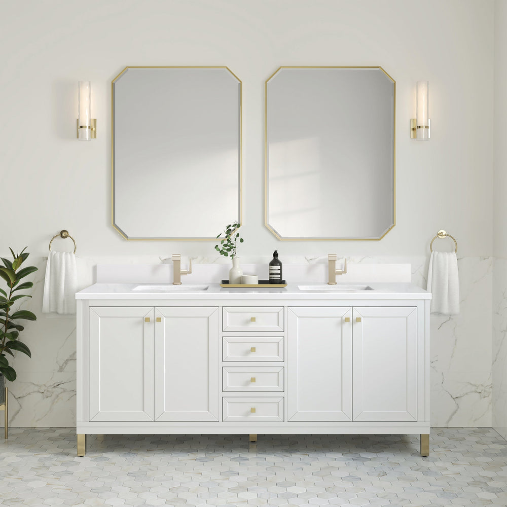
                  
                    Chicago 72" Double Bathroom Vanity in Glossy White Double bathroom Vanity James Martin Vanities White Zeus Quartz Single Faucet Top w/Backsplash 
                  
                