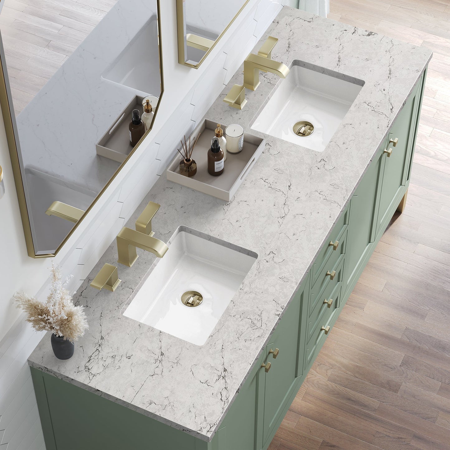 
                  
                    Chicago 72" Double Bathroom Vanity in Smokey Celadon Double bathroom Vanity James Martin Vanities Eternal Jasmine Pearl Silestone 
                  
                