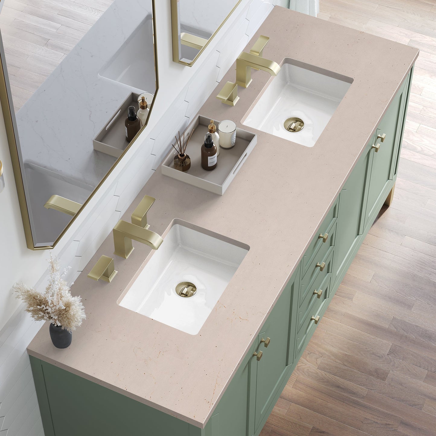 
                  
                    Chicago 72" Double Bathroom Vanity in Smokey Celadon Double bathroom Vanity James Martin Vanities Eternal Marfil Silestone 
                  
                