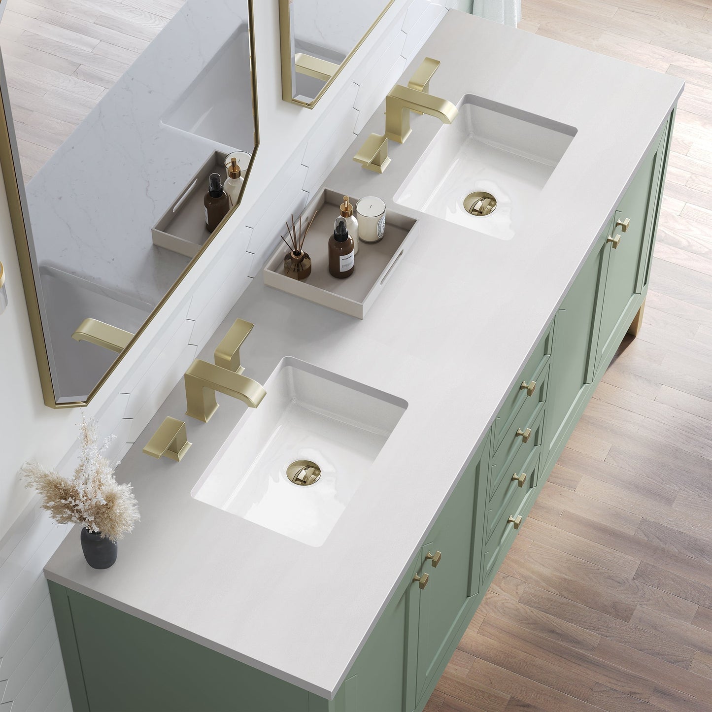 
                  
                    Chicago 72" Double Bathroom Vanity in Smokey Celadon Double bathroom Vanity James Martin Vanities White Zeus Silestone 
                  
                