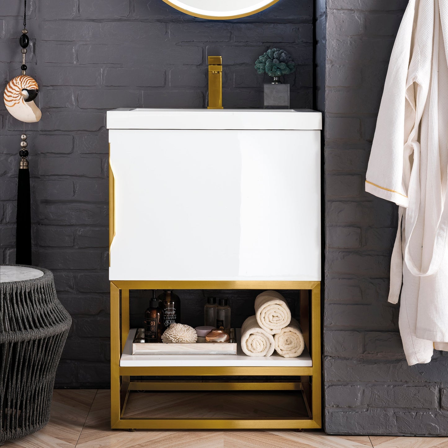 Columbia 24" Single Vanity Cabinet in Glossy White with Radiant Gold Base Single Bathroom Vanity James Martin Vanities 