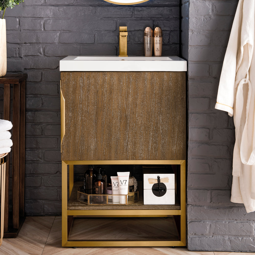 
                  
                    Columbia 24" Single Vanity Cabinet in Latte Oak with Radiant Gold Base Single Bathroom Vanity James Martin Vanities 
                  
                