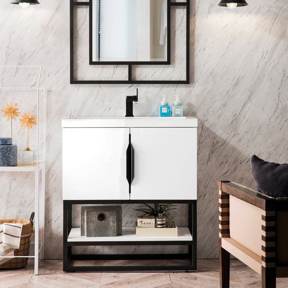 Columbia 31.5" Single Bathroom Vanity in Glossy White with Matte Black Base Single Bathroom Vanity James Martin Vanities 