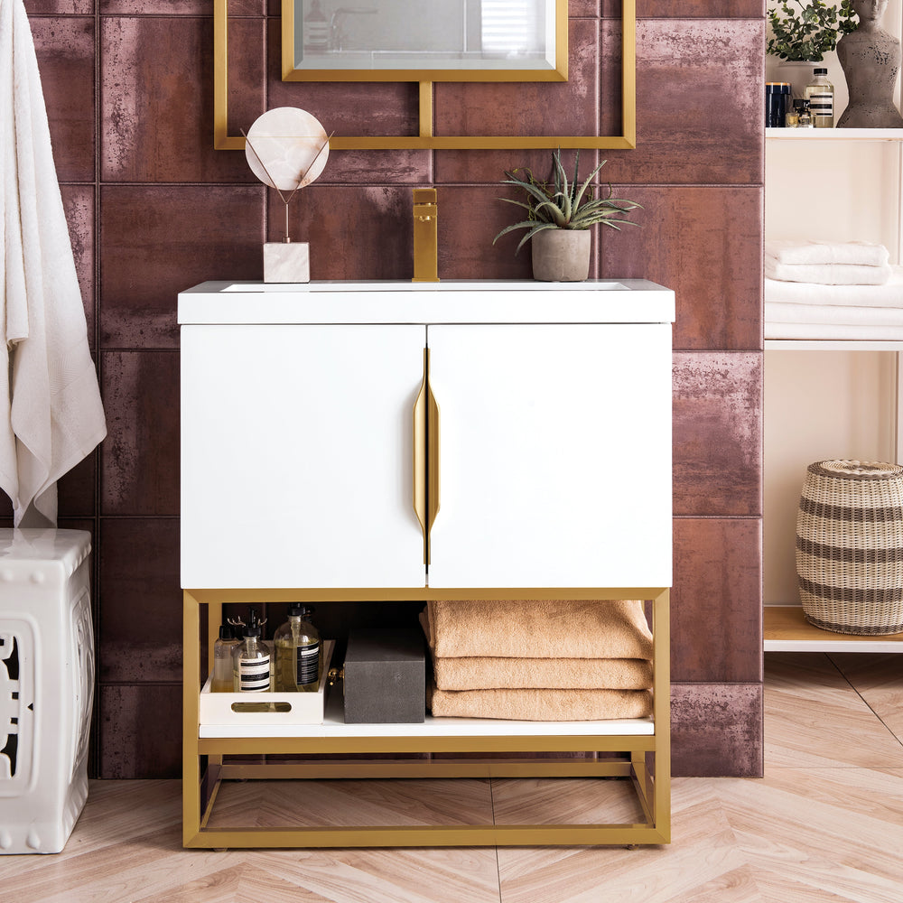 Columbia 31.5" Single Vanity Cabinet in Glossy White Radiant Gold Base Single Bathroom Vanity James Martin Vanities 