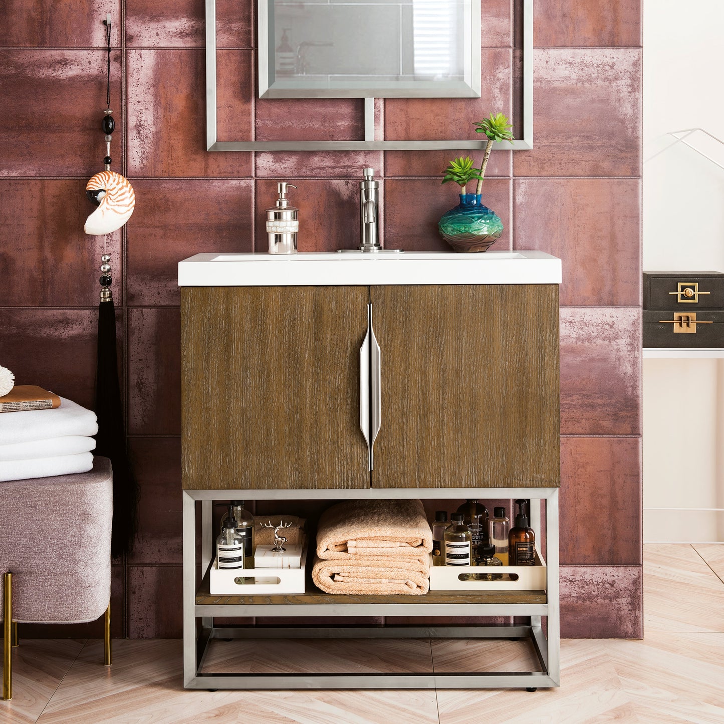 
                  
                    Columbia 31.5" Single Vanity Cabinet in Latte Oak with Brushed Nickel Base Single Bathroom Vanity James Martin Vanities 
                  
                