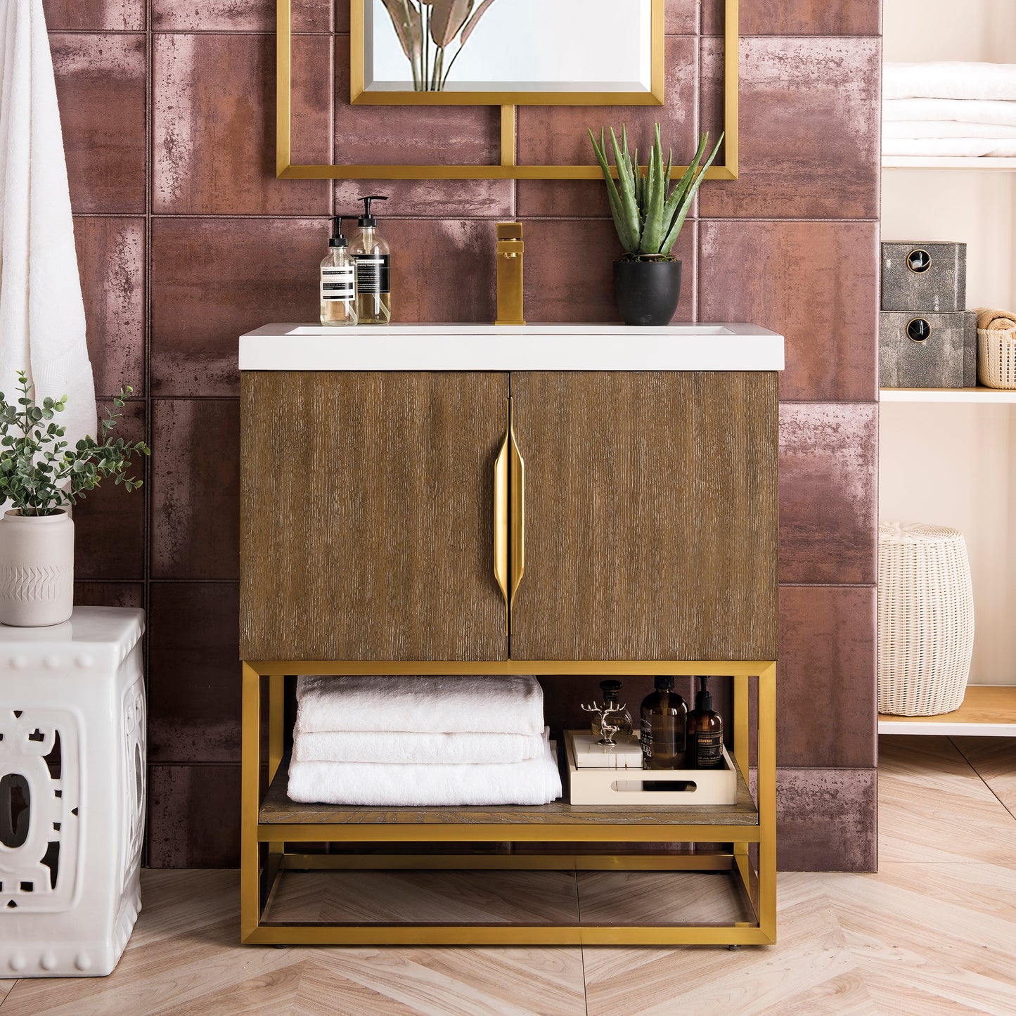 Columbia 31.5" Single Vanity Cabinet in Latte Oak with Radiant Gold Base Single Bathroom Vanity James Martin Vanities 