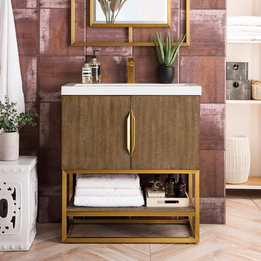 Columbia 24 Single Vanity Cabinet in Latte Oak with Radiant Gold Base