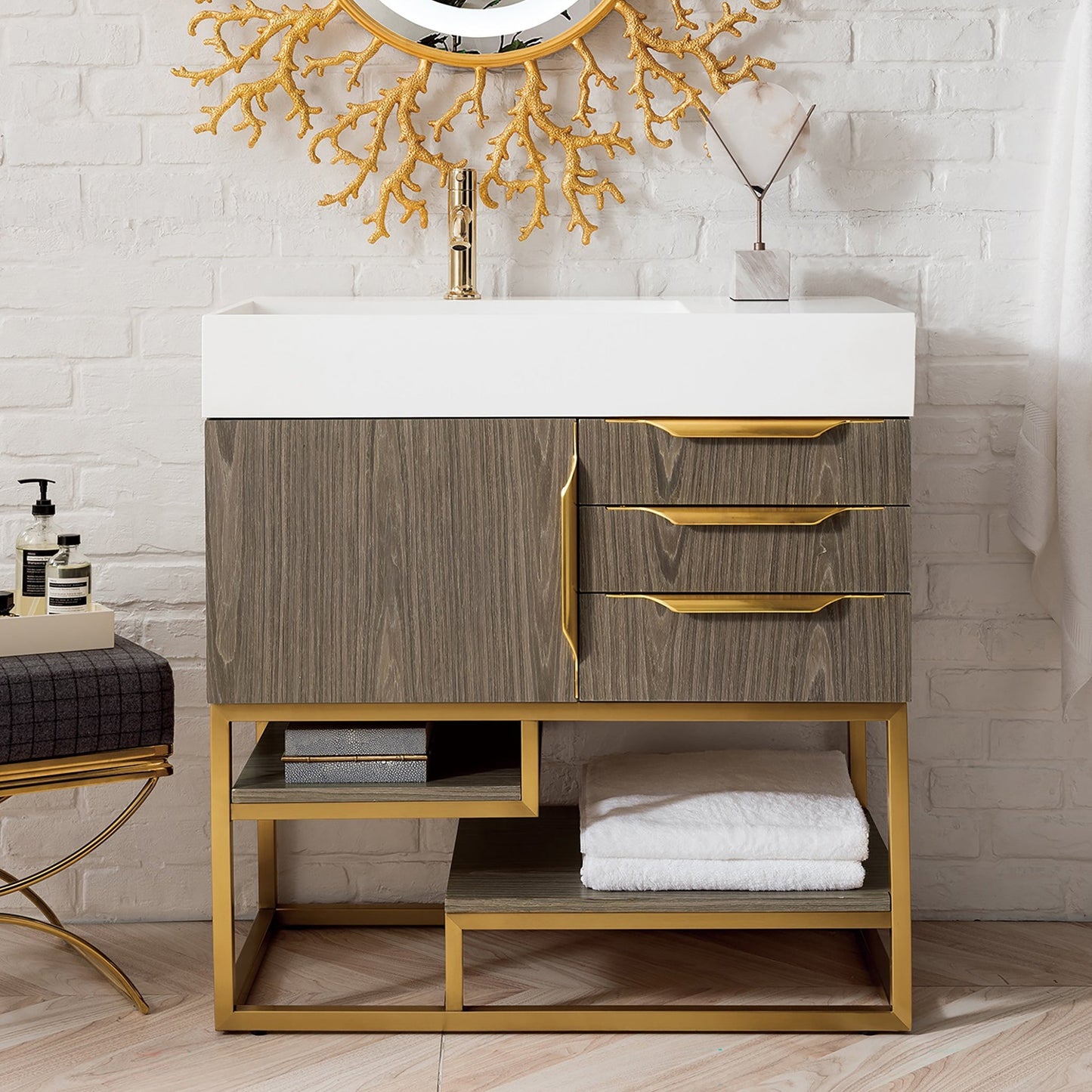 Columbia 36 Single Bathroom Vanity in Ash Gray with Radiant Gold Base