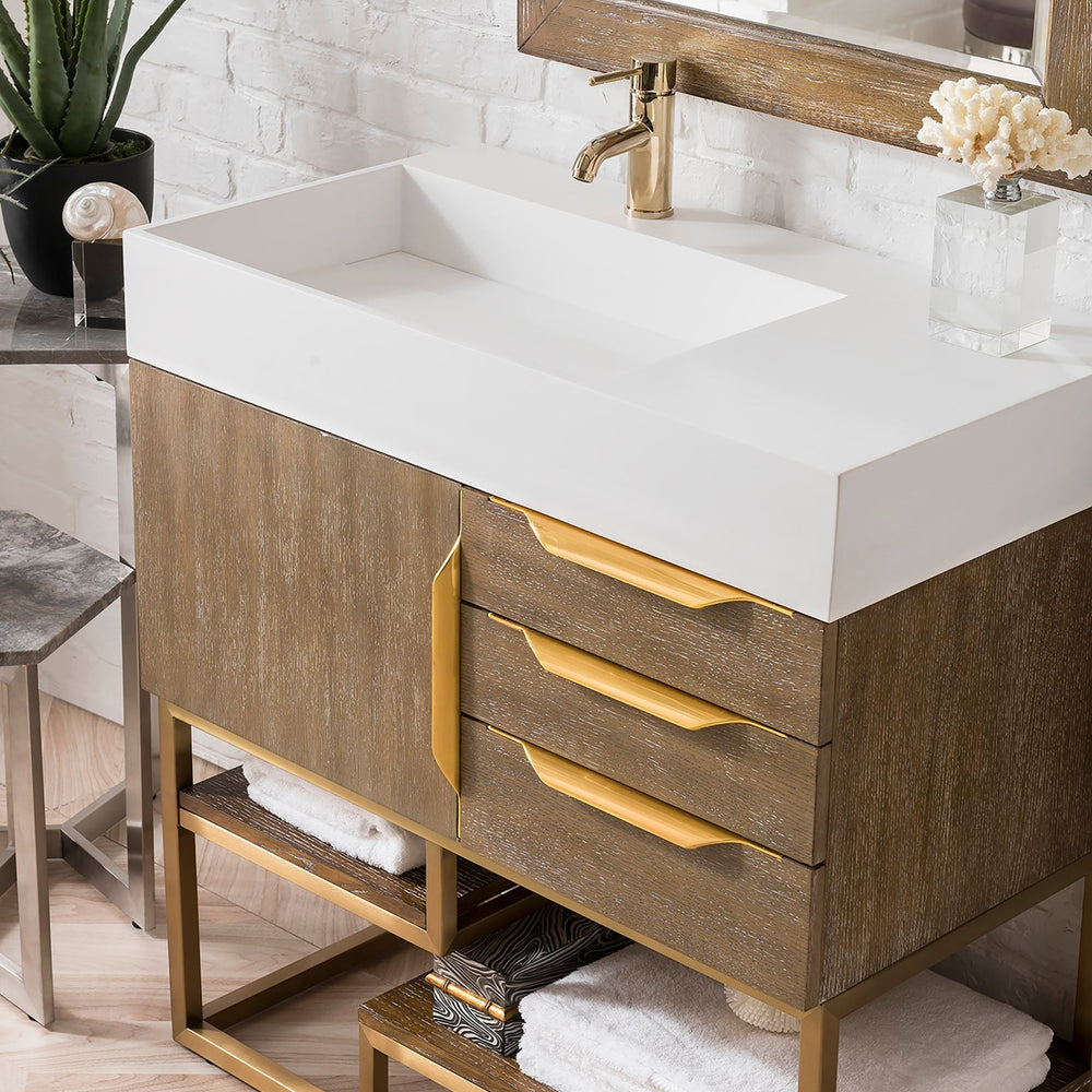 
                  
                    Columbia 36" Single Bathroom Vanity in Latte Oak with Radiant Gold Base Single Bathroom Vanity James Martin Vanities 
                  
                