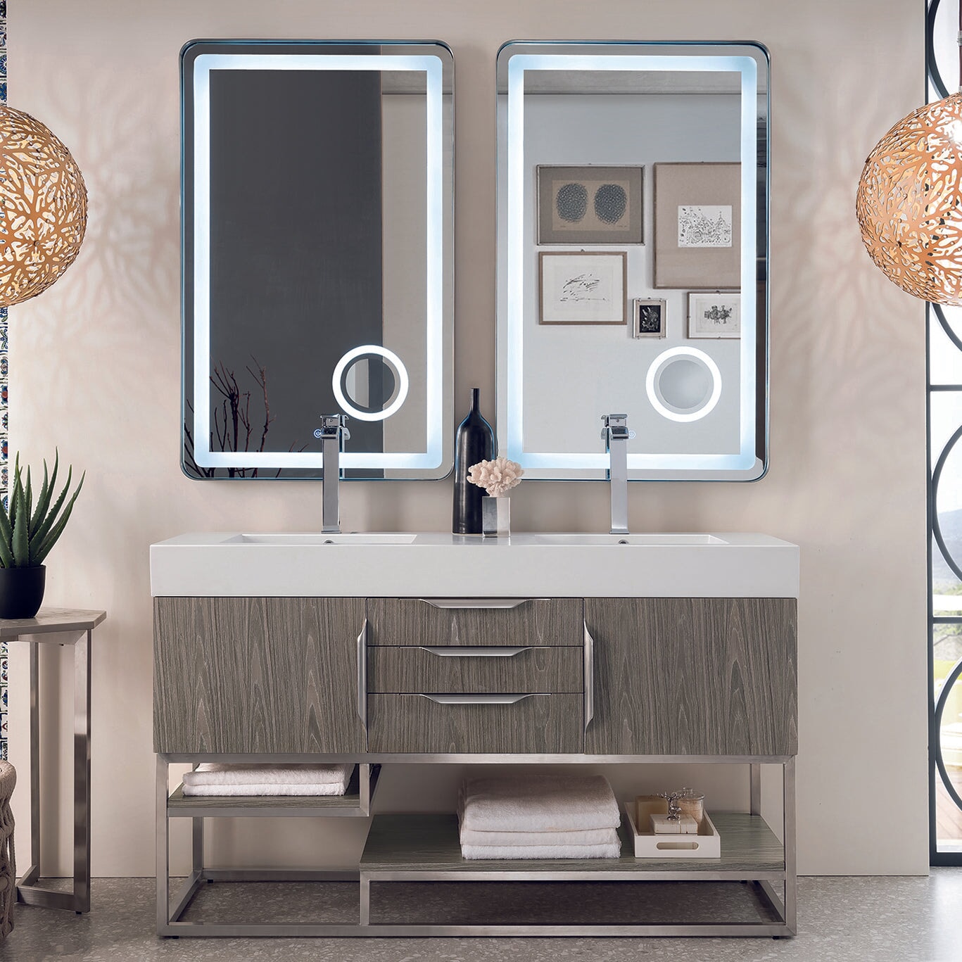 Columbia 59" Double Bathroom Vanity in Ash Gray with Brushed Nickel Base Single Bathroom Vanity James Martin Vanities 