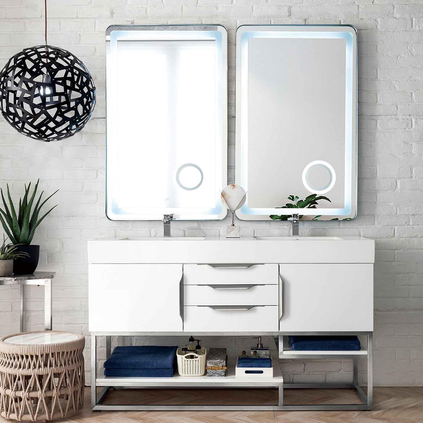 Columbia 59" Double Bathroom Vanity in Glossy White with Brushed Nickel Base Single Bathroom Vanity James Martin Vanities 