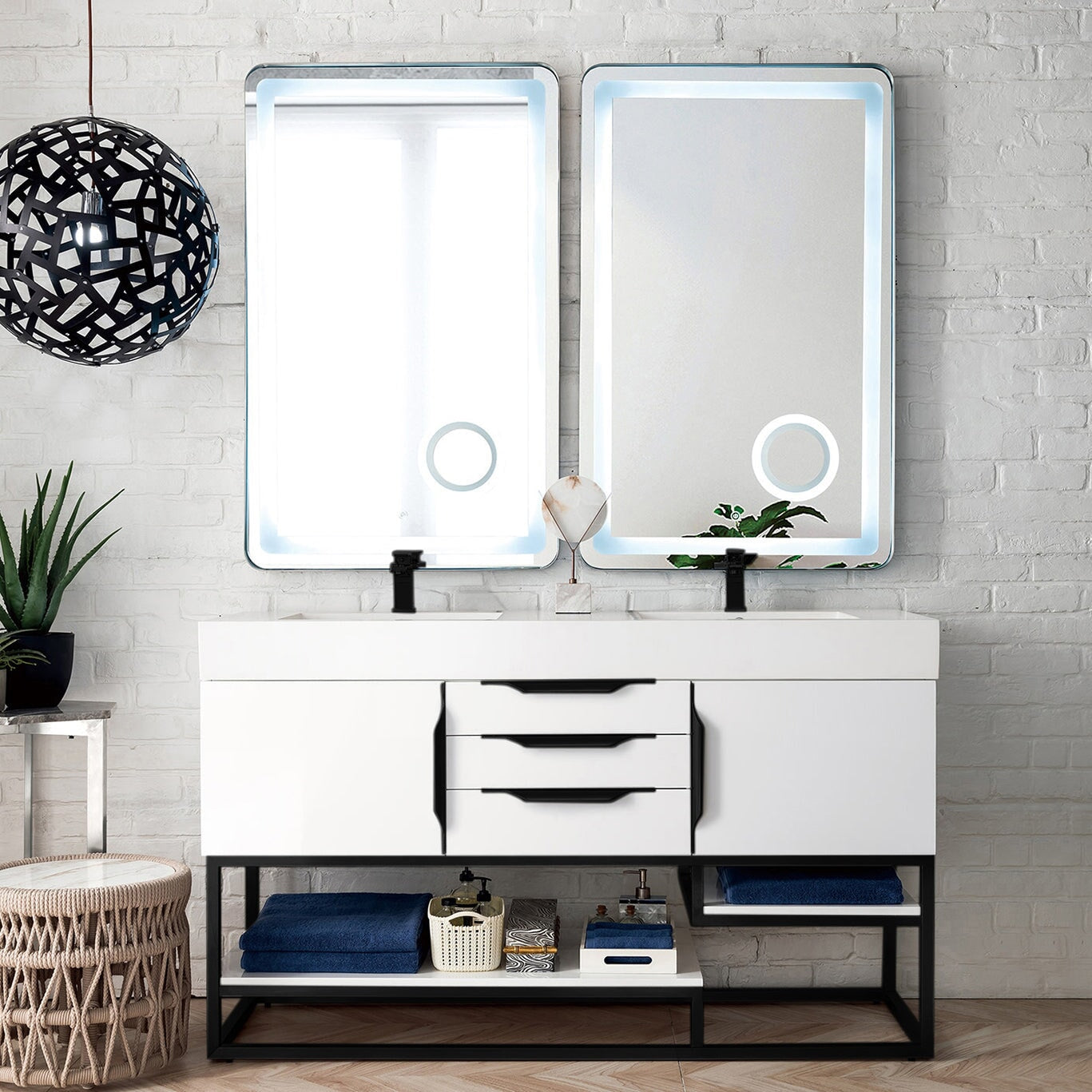 Columbia 59" Double Bathroom Vanity in Glossy White with Matte Black Base Single Bathroom Vanity James Martin Vanities 