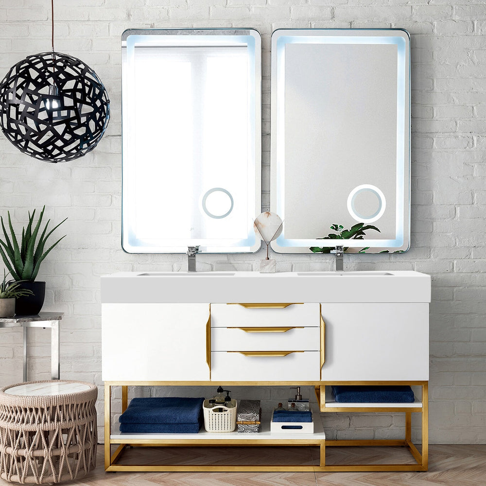 Columbia 59" Double Bathroom Vanity in Glossy White with Radiant Gold Base Single Bathroom Vanity James Martin Vanities 