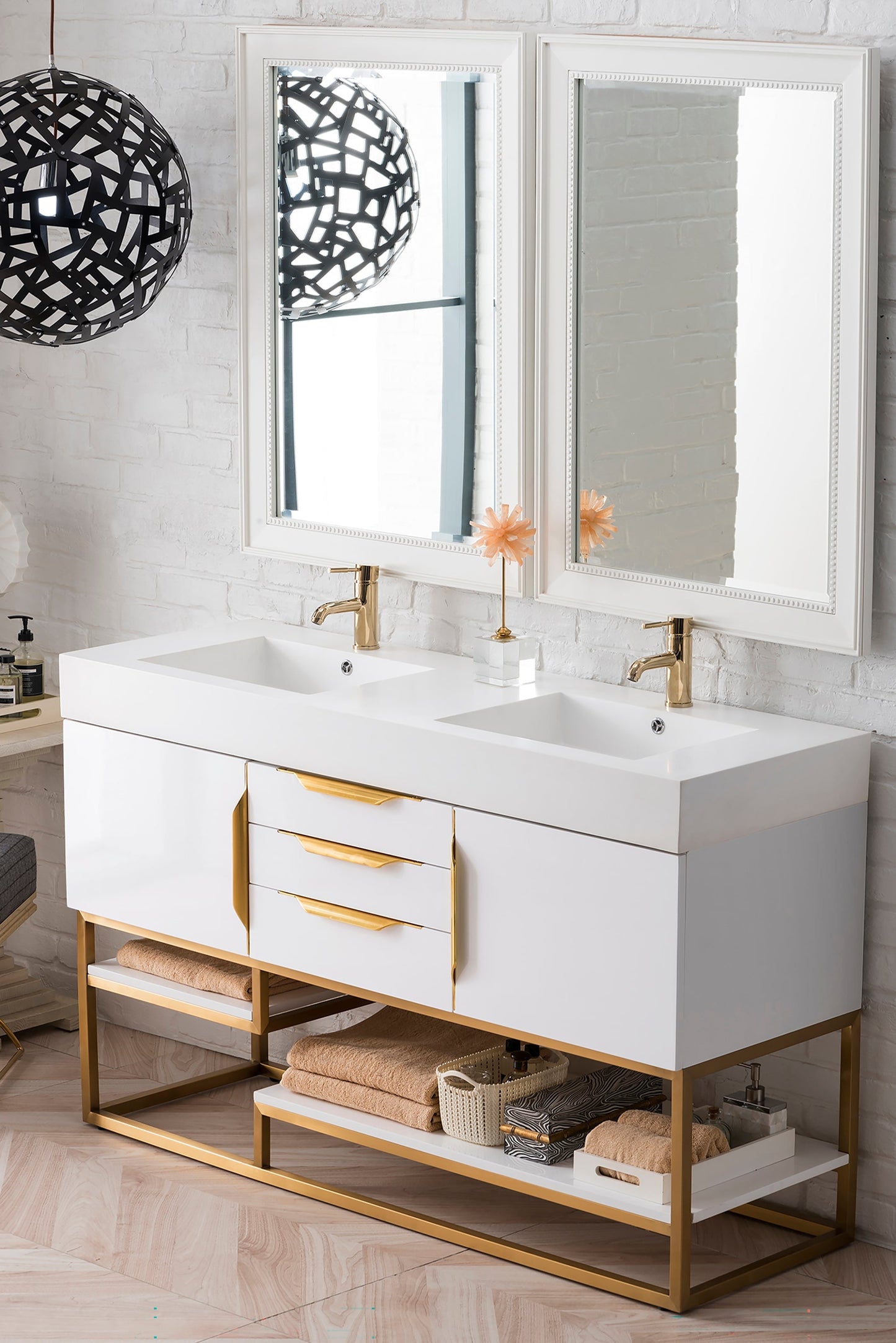 
                  
                    Columbia 59" Double Bathroom Vanity in Glossy White with Radiant Gold Base Single Bathroom Vanity James Martin Vanities 
                  
                