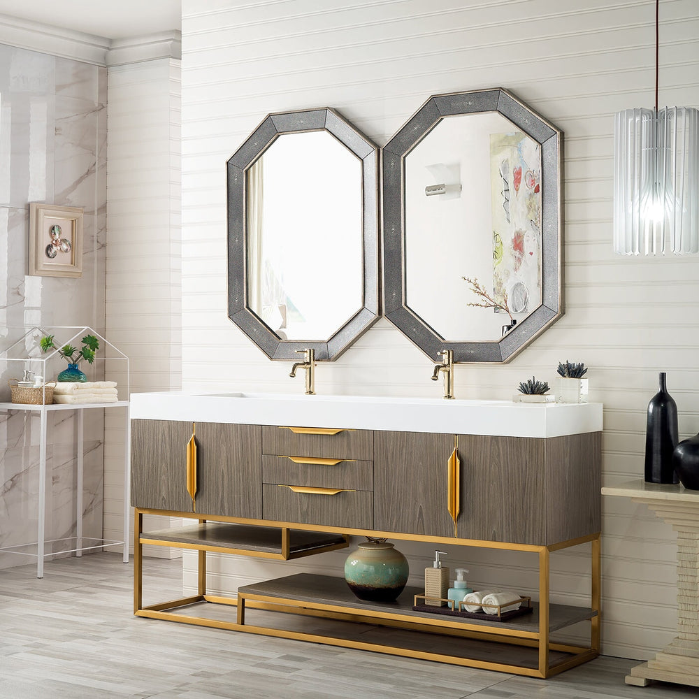Columbia 72" Double Bathroom Vanity in Ash Gray with Radiant Gold Base Single Bathroom Vanity James Martin Vanities 