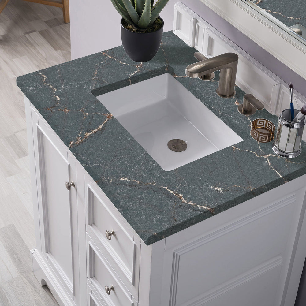 
                  
                    De Soto 30" Single Bathroom Vanity in Bright White Single Bathroom Vanity James Martin Vanities Parisien Bleu Silestone 
                  
                