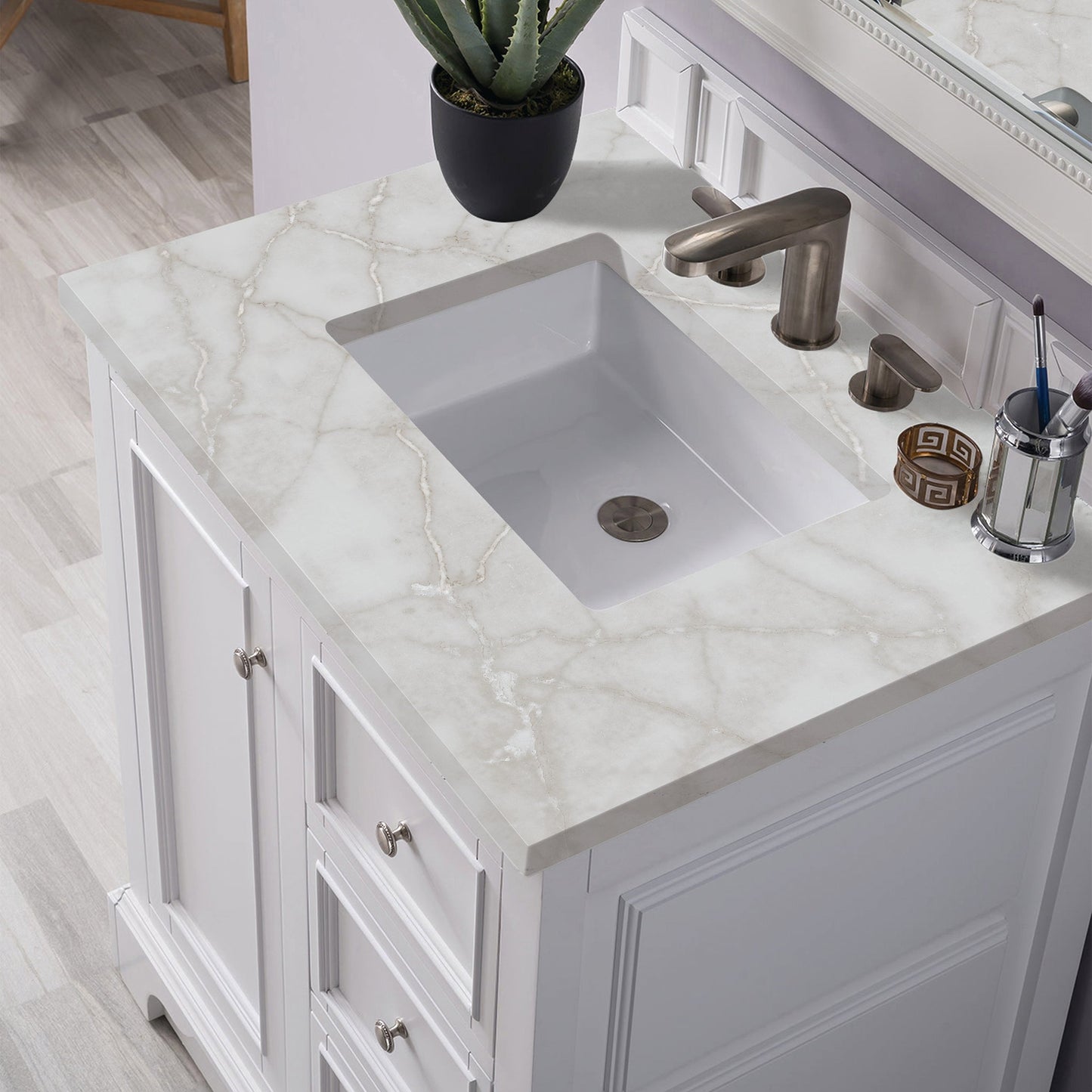 
                  
                    De Soto 30" Single Bathroom Vanity in Bright White Single Bathroom Vanity James Martin Vanities Victorian Silver Silestone 
                  
                