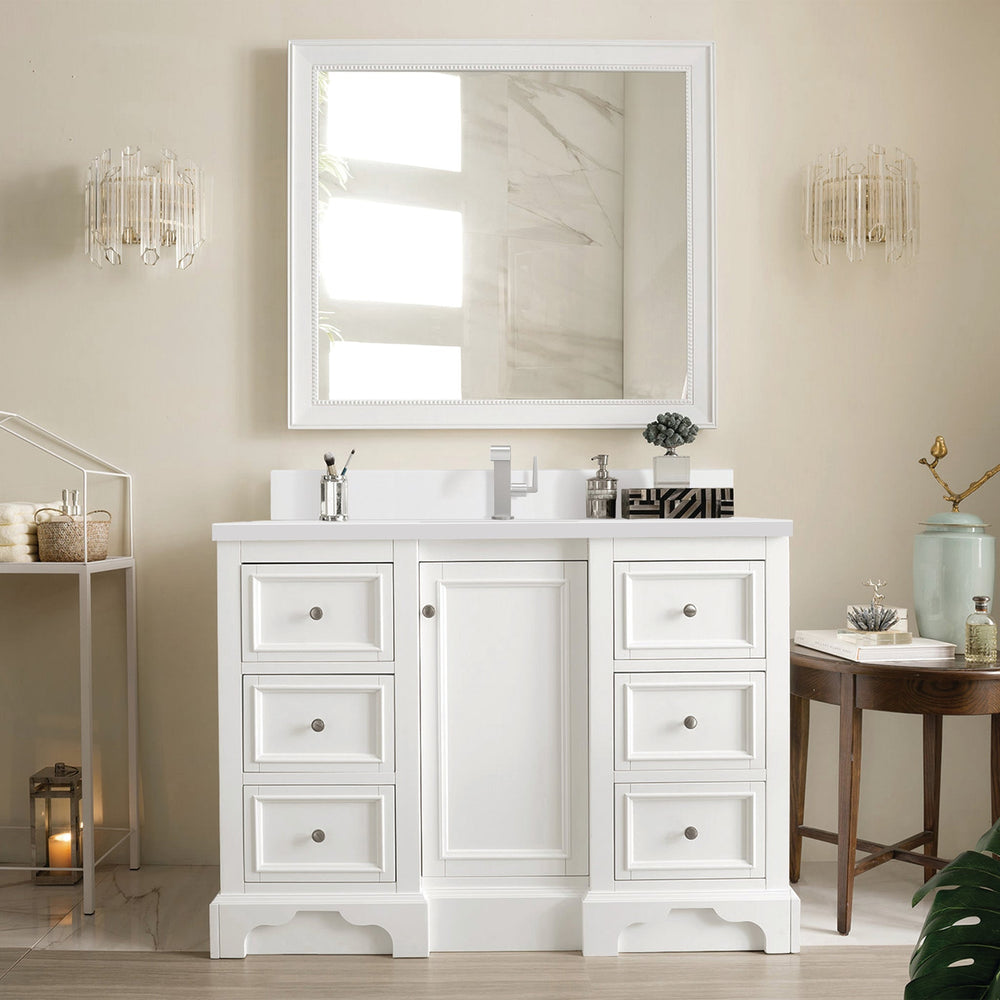 
                  
                    De Soto 48" Single Bathroom Vanity in Bright White Single Bathroom Vanity James Martin Vanities White Zeus Single Faucet Quartz Top w/Backsplash 
                  
                