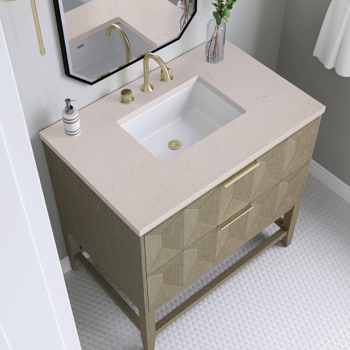 
                  
                    Emmeline 36" Vanity in Pebble Oak Single Bathroom Vanity James Martin Vanities Eternal Marfil Silestone 
                  
                