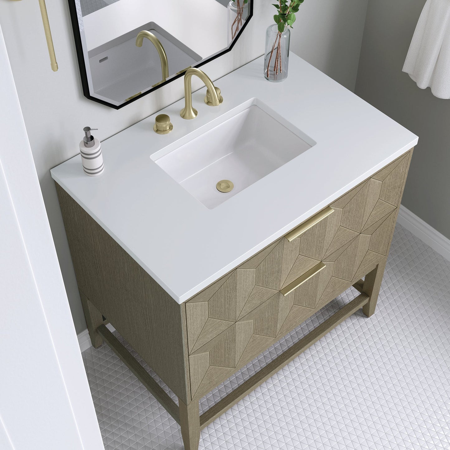 
                  
                    Emmeline 36" Vanity in Pebble Oak Single Bathroom Vanity James Martin Vanities White Zeus Silestone 
                  
                