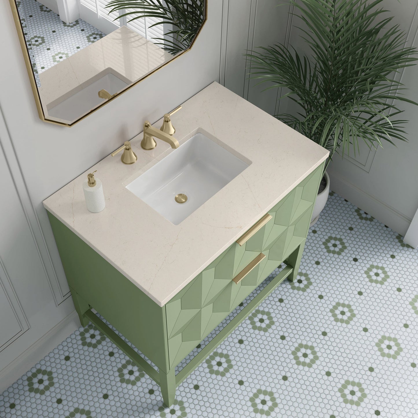 
                  
                    Emmeline 36" Vanity in Pistachio Single Bathroom Vanity James Martin Vanities Eternal Marfil Silestone 
                  
                