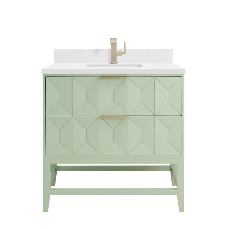 
                  
                    Emmeline 36" Vanity in Pistachio Single Bathroom Vanity James Martin Vanities White Zeus Silestone Single Faucet Top w/Backsplash 
                  
                