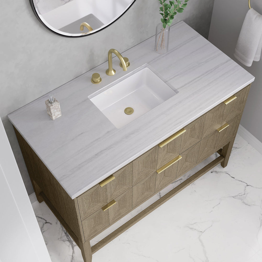 
                  
                    Emmeline 48" Vanity in Pebble Oak Single Bathroom Vanity James Martin Vanities Arctic Fall Solid Surface 
                  
                