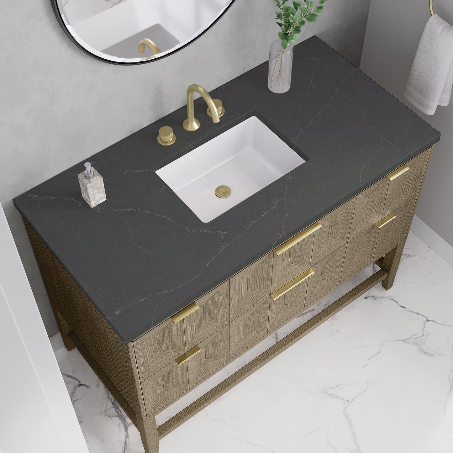 
                  
                    Emmeline 48" Vanity in Pebble Oak Single Bathroom Vanity James Martin Vanities Charcoal Soapstone Silestone 
                  
                