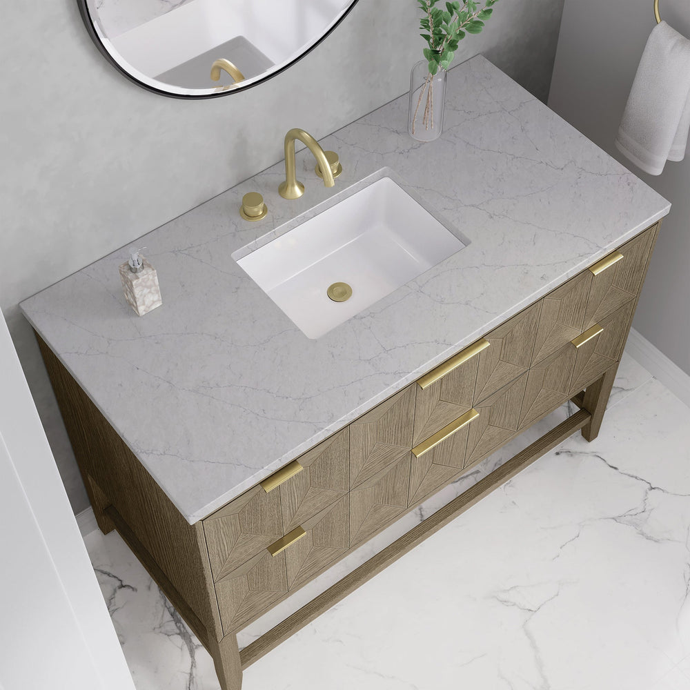 
                  
                    Emmeline 48" Vanity in Pebble Oak Single Bathroom Vanity James Martin Vanities Eternal Jasmine Silestone 
                  
                