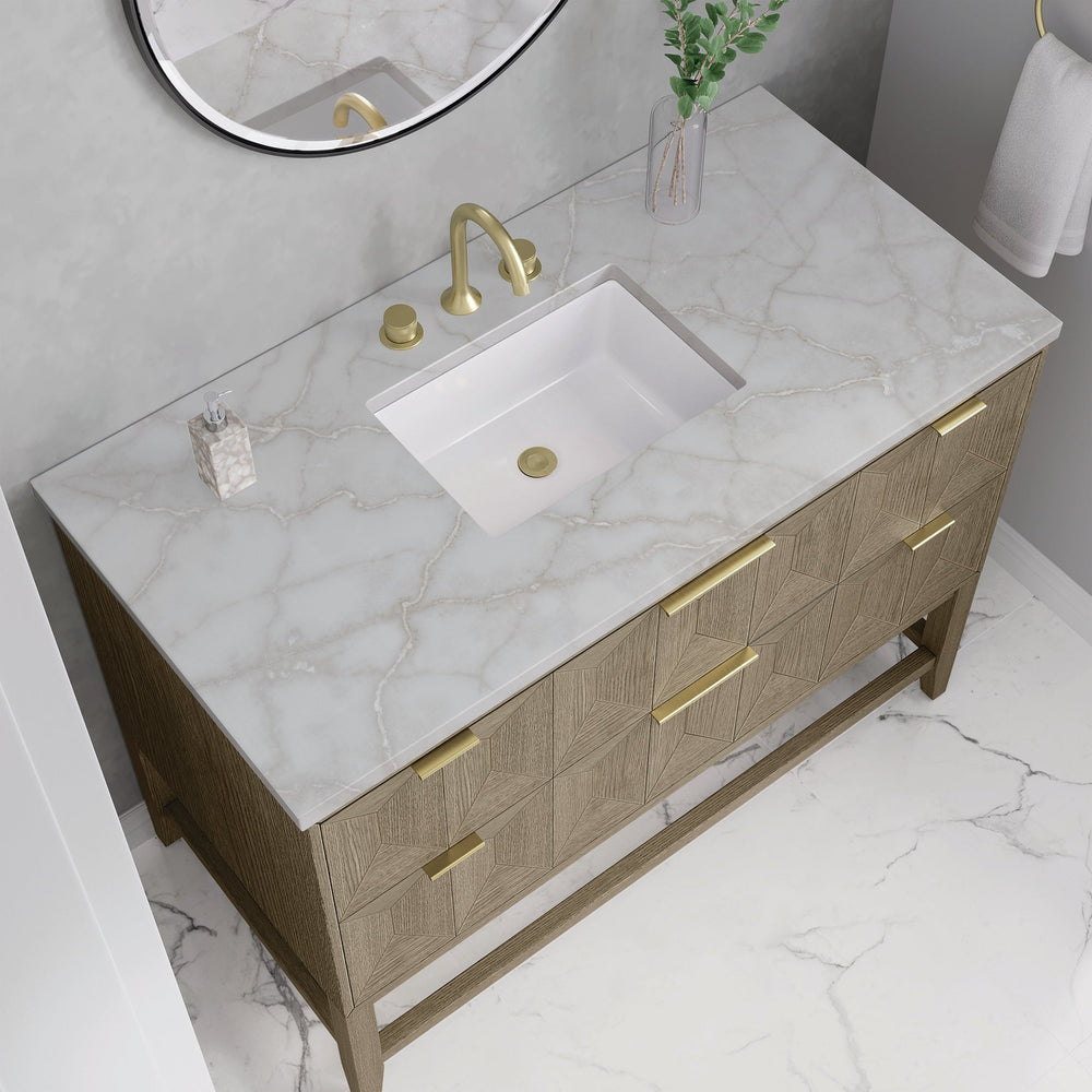 
                  
                    Emmeline 48" Vanity in Pebble Oak Single Bathroom Vanity James Martin Vanities Victorian Silver Silestone 
                  
                