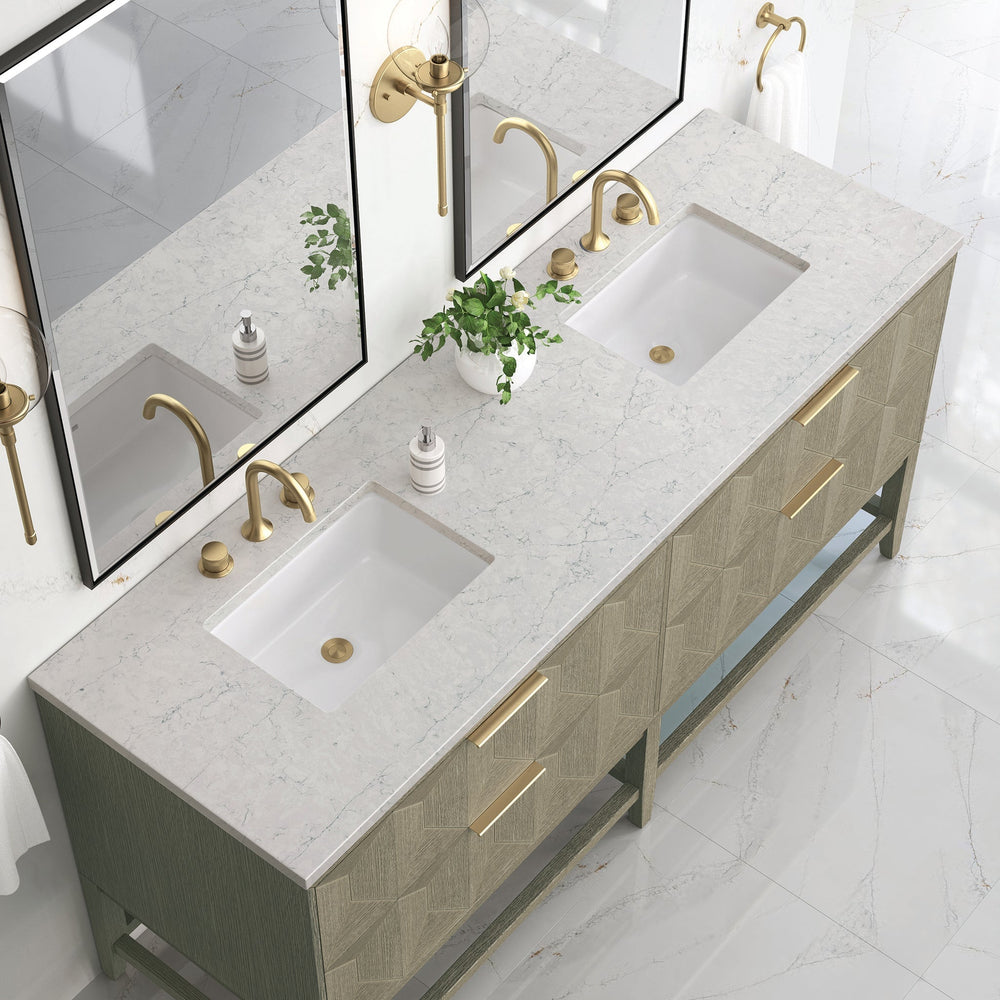 
                  
                    Emmeline 72" Vanity in Pebble Oak Double bathroom Vanity James Martin Vanities Eternal Jasmine Pearl Silestone 
                  
                