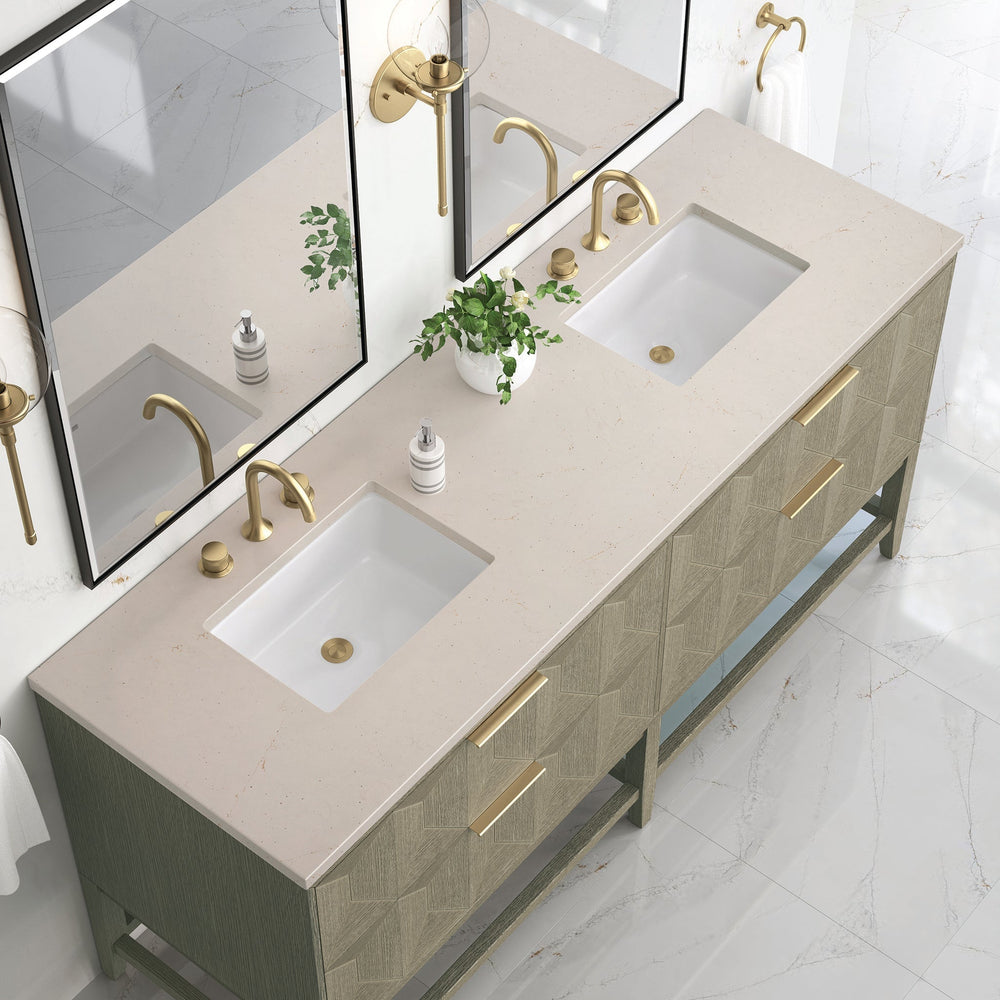 
                  
                    Emmeline 72" Vanity in Pebble Oak Double bathroom Vanity James Martin Vanities Eternal Marfil Silestone 
                  
                