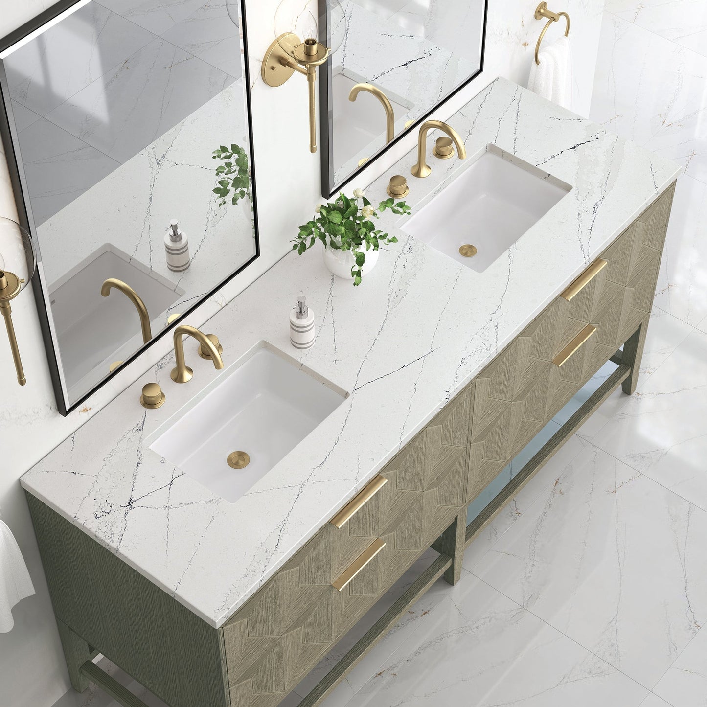 
                  
                    Emmeline 72" Vanity in Pebble Oak Double bathroom Vanity James Martin Vanities Ethereal Noctis Quartz 
                  
                