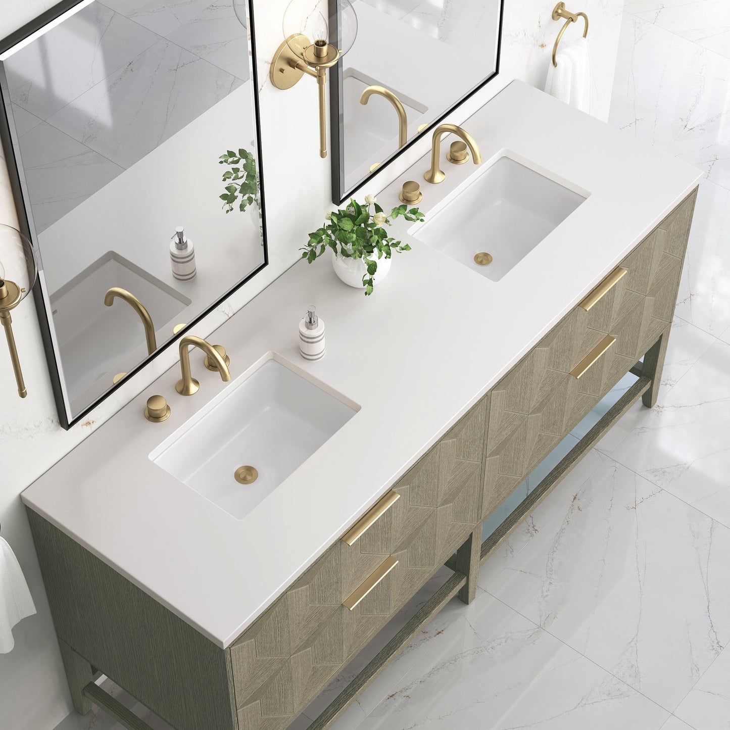 
                  
                    Emmeline 72" Vanity in Pebble Oak Double bathroom Vanity James Martin Vanities White Zeus Silestone 
                  
                