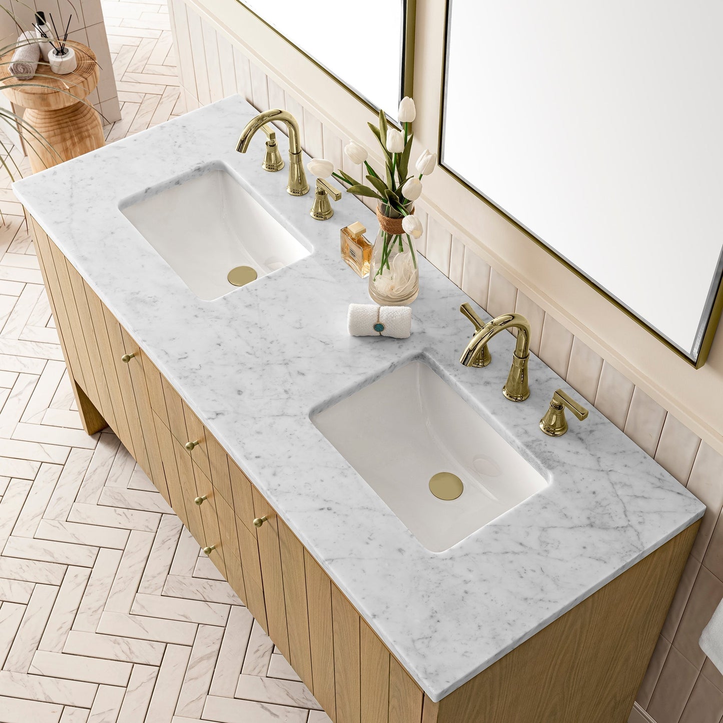 
                  
                    Hudson 60" Double Vanity in Light Natural Oak Double Bathroom Vanity James Martin Vanities Carrara White Marble 
                  
                