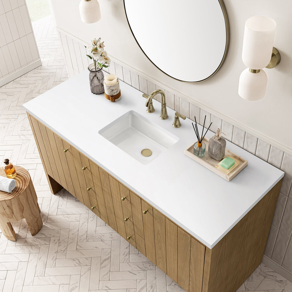 
                  
                    Hudson 60" Single Vanity in Light Natural Oak Double Bathroom Vanity James Martin Vanities White Zeus Silestone 
                  
                