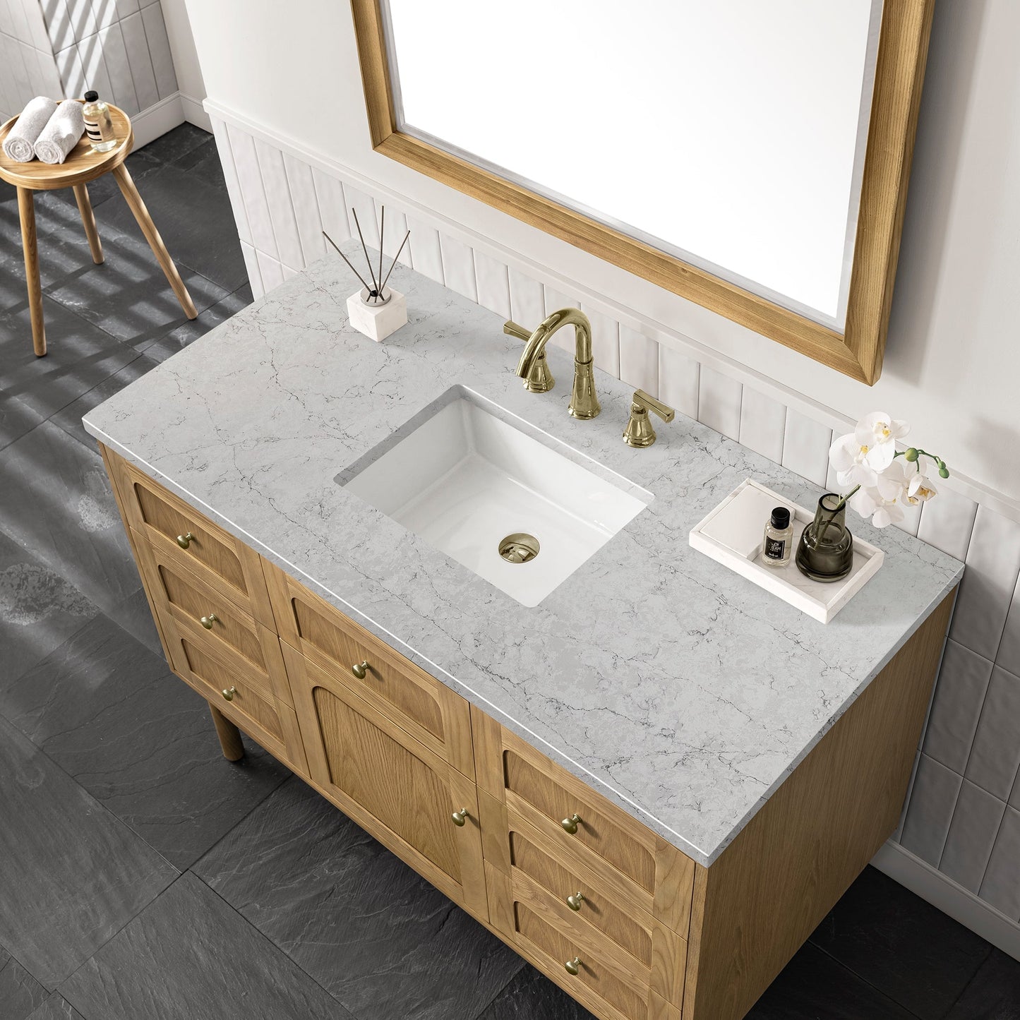 
                  
                    Laurent 48" Single Vanity in Light Natural Oak James Martin Vanities Eternal Jasmine Pearl Silestone 
                  
                