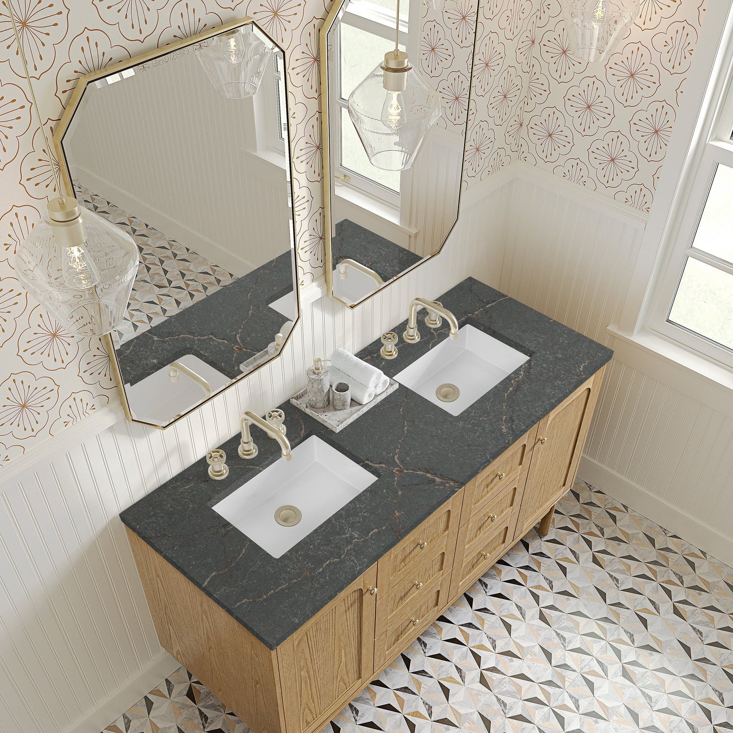 
                  
                    Laurent 60" Double Vanity in Light Natural Oak Double Bathroom Vanity James Martin Vanities Parisien Bleu Silestone 
                  
                