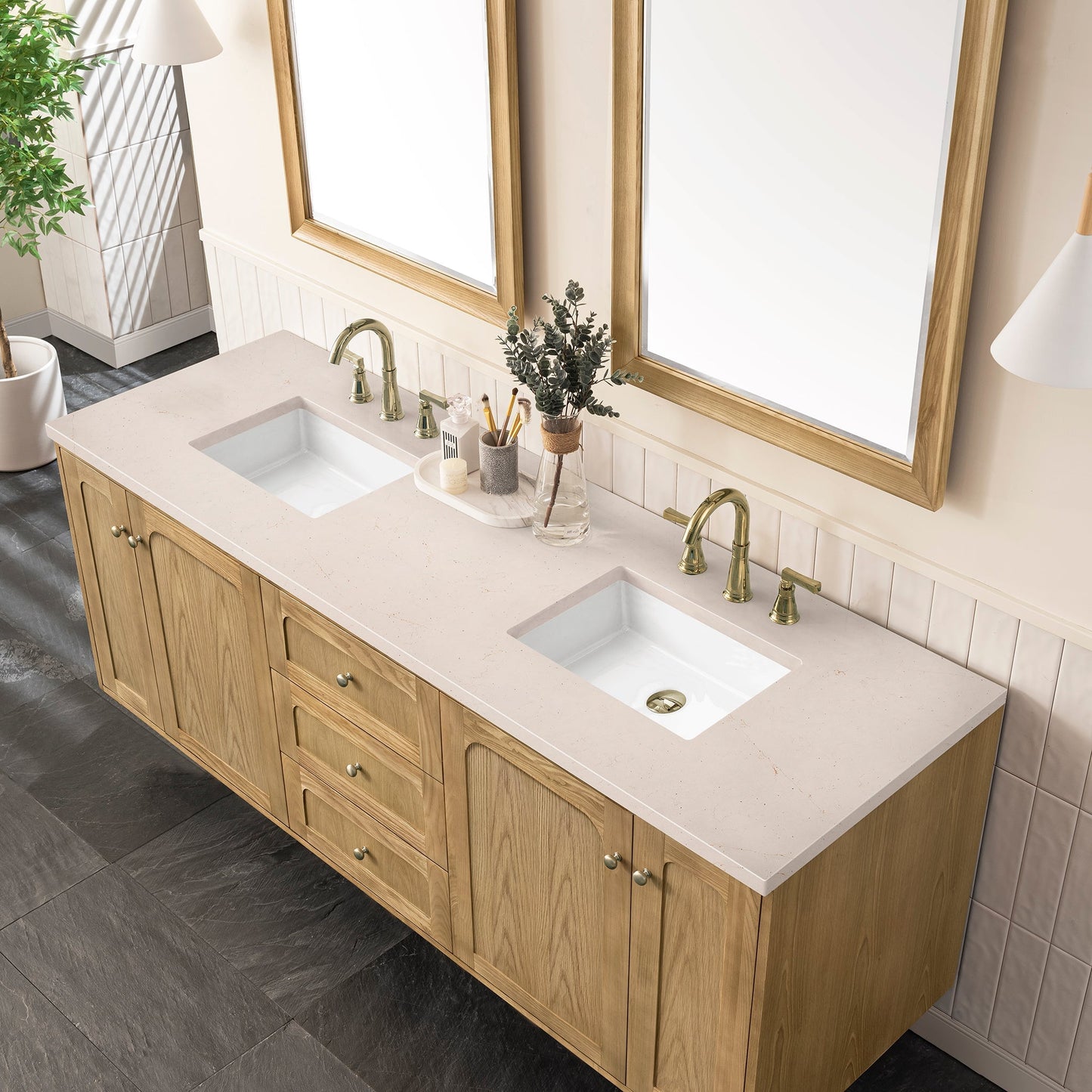 
                  
                    Laurent 72" Double Vanity in Light Natural Oak Double Bathroom Vanity James Martin Vanities Eternal Marfil Silestone 
                  
                