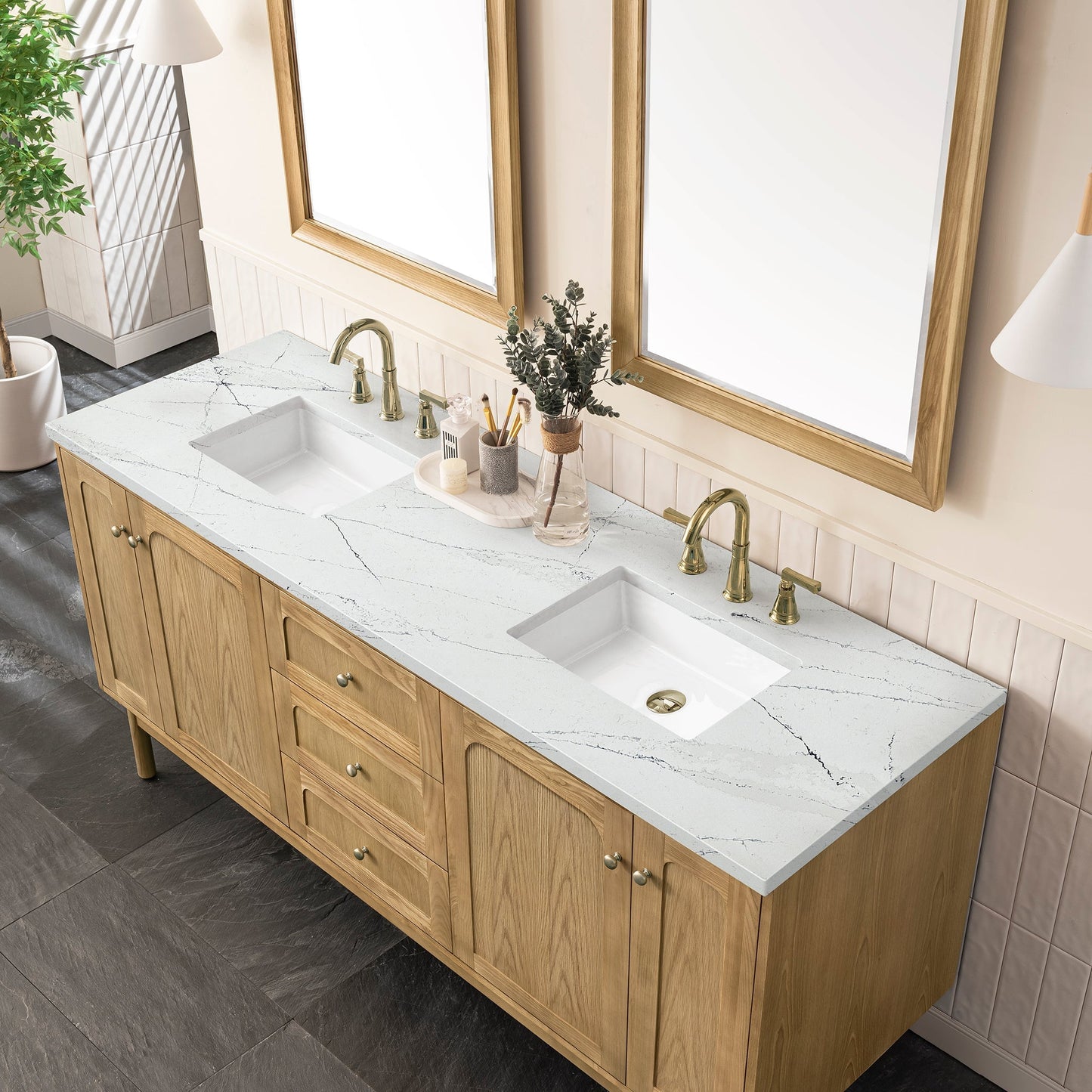 
                  
                    Laurent 72" Double Vanity in Light Natural Oak Double Bathroom Vanity James Martin Vanities Ethereal Noctis Silestone 
                  
                