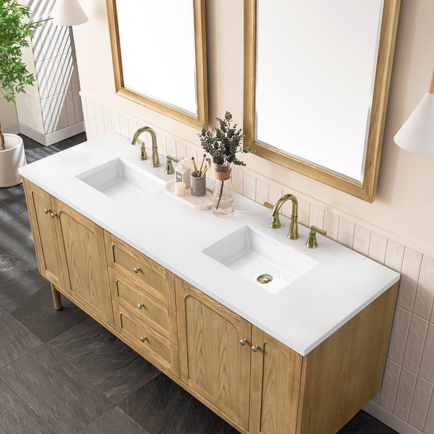 
                  
                    Laurent 72" Double Vanity in Light Natural Oak Double Bathroom Vanity James Martin Vanities White Zeus Silestone 
                  
                