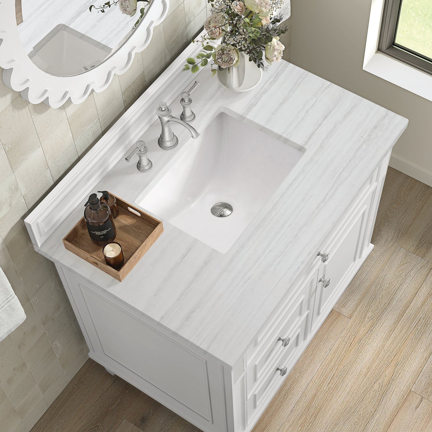 
                  
                    Lorelai 36" Single Vanity in Bright White James Martin Vanities Arctic Fall solid surface 
                  
                