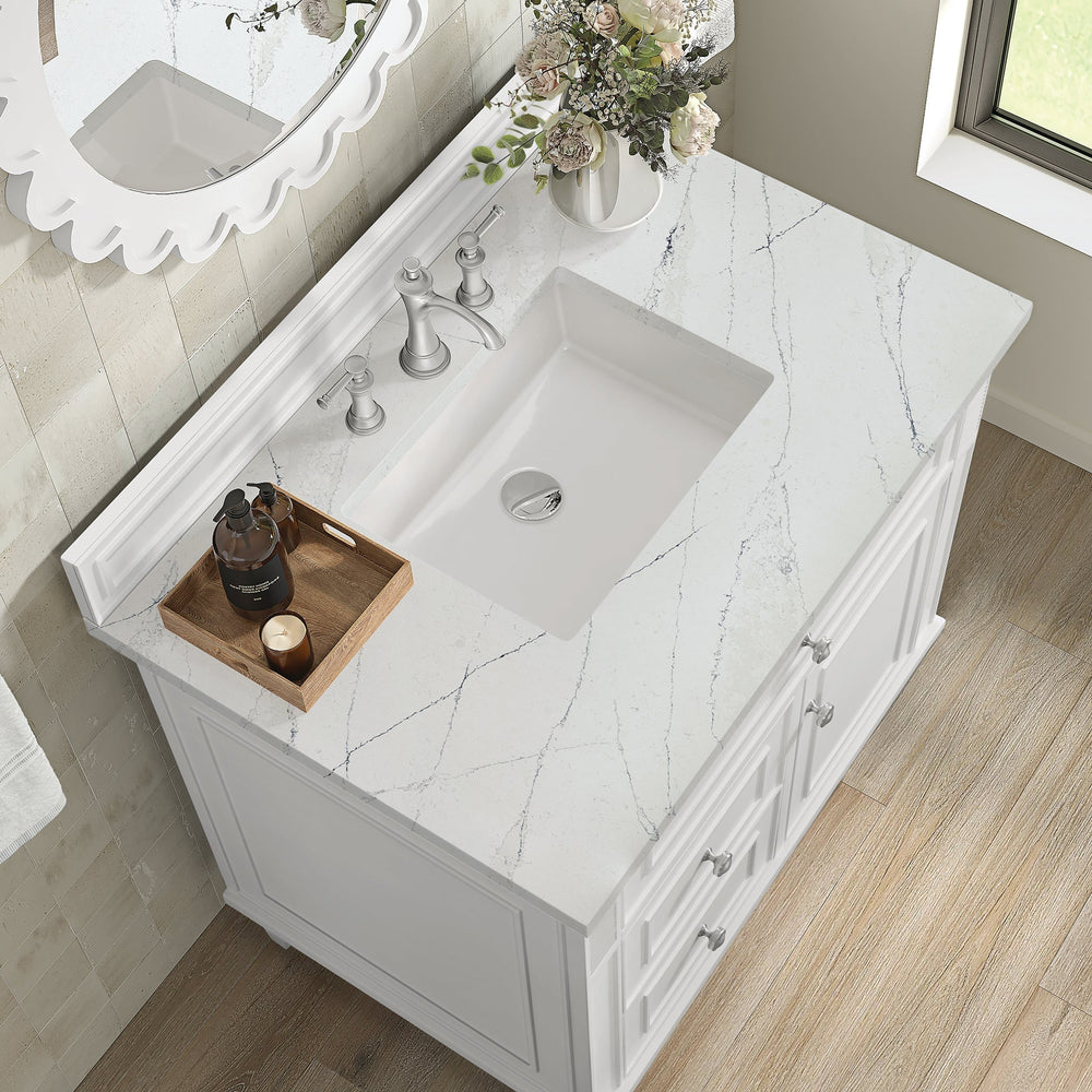 
                  
                    Lorelai 36" Single Vanity in Bright White James Martin Vanities Ethereal Noctis Quartz 
                  
                